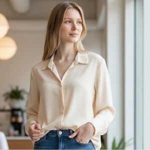 Coldwater Creek 100% Silk Cream Button Down Shirt Blouse Small